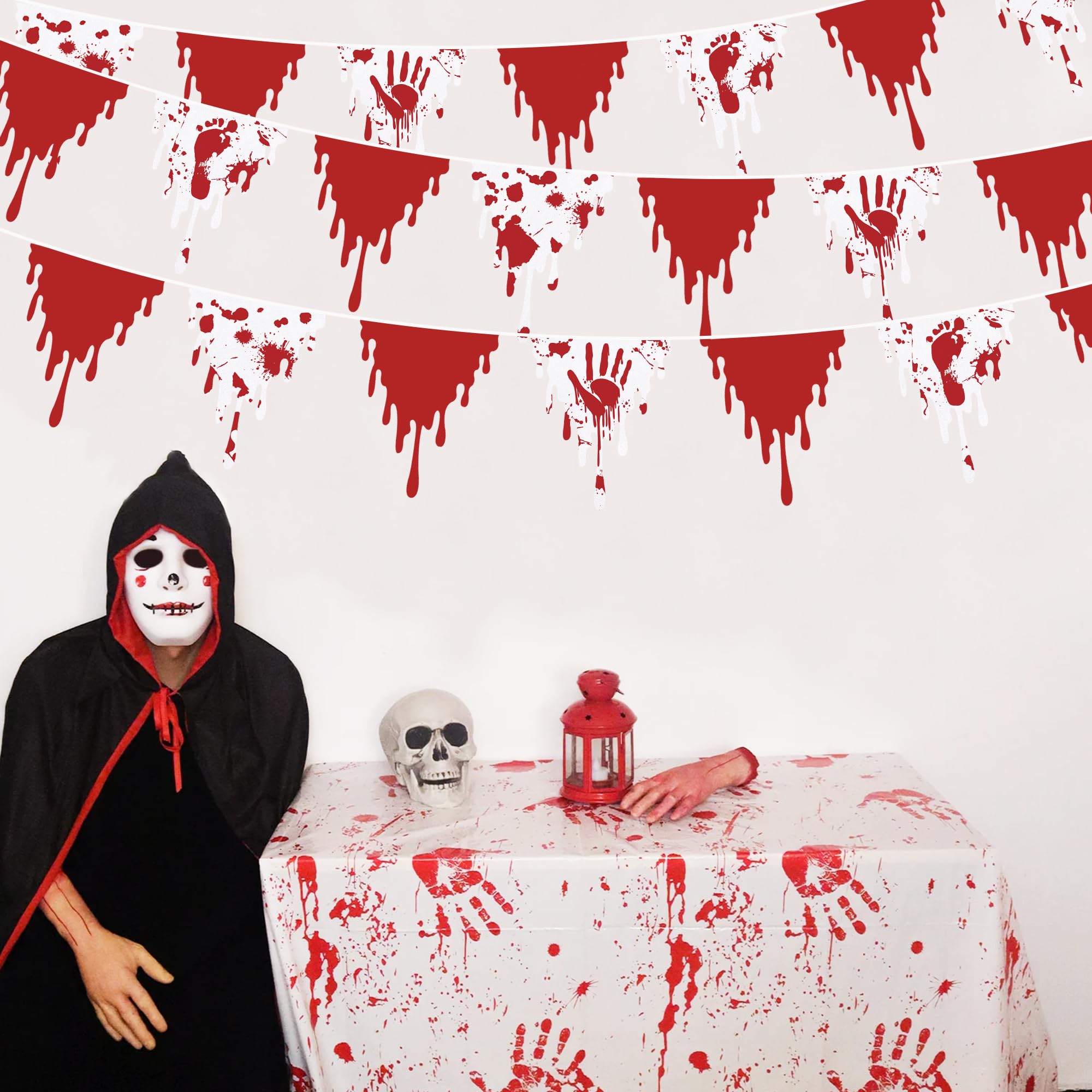 30Ft Halloween Party Decorations Red Bloody Handprint Footprint Triangle Flag Banner Fabric Pennant Garland Streamers For Happy